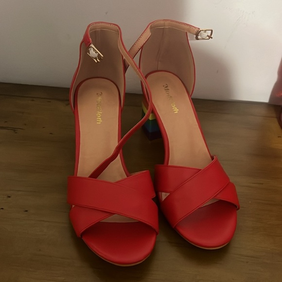 Modcloth Meeting Rainbow Red Ankle Strap Block Heel Sandals - Picture 3 of 6